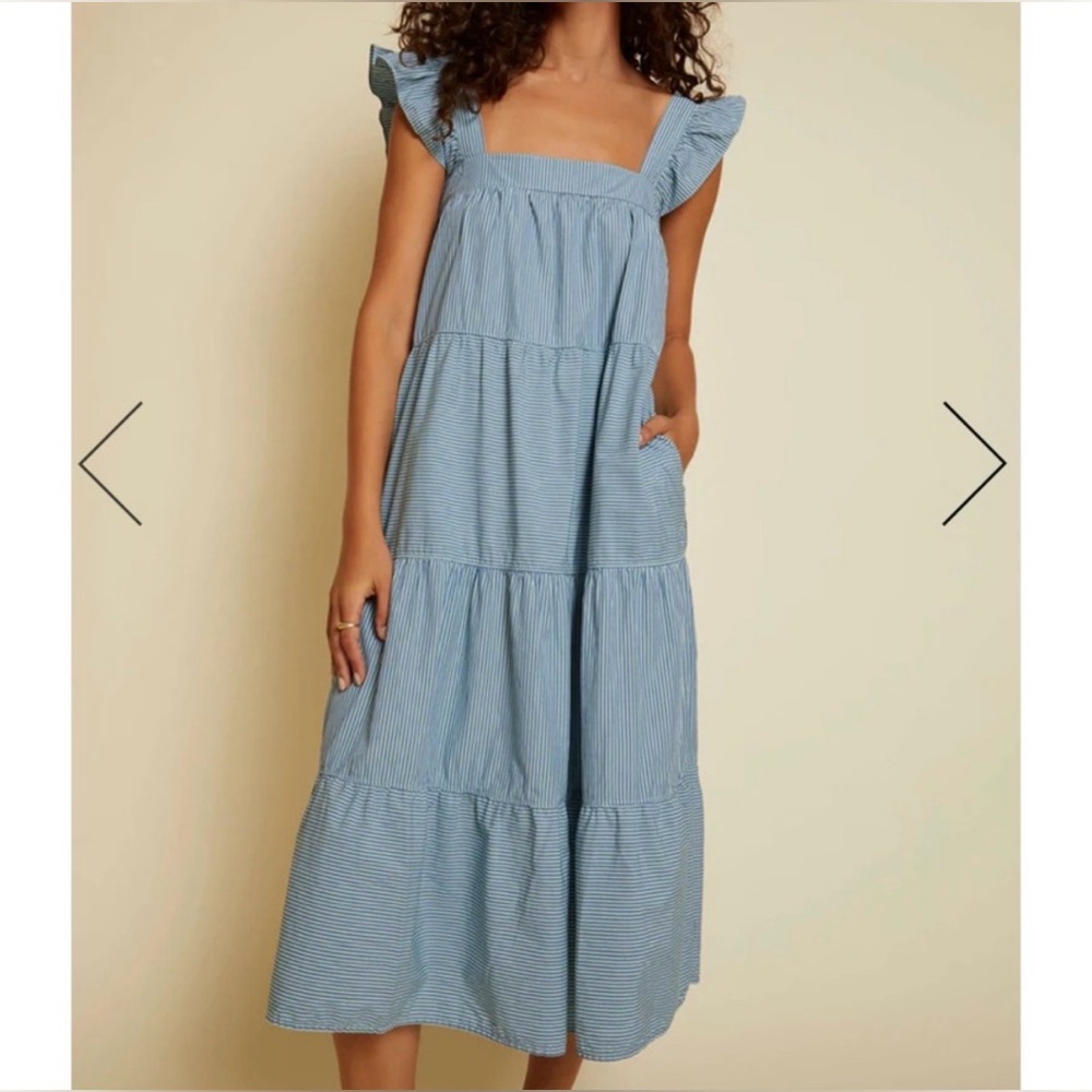 Nation Ltd Camille Striped Pima Cotton Tierd Midi Sundress Spritz Blue Stripe XS